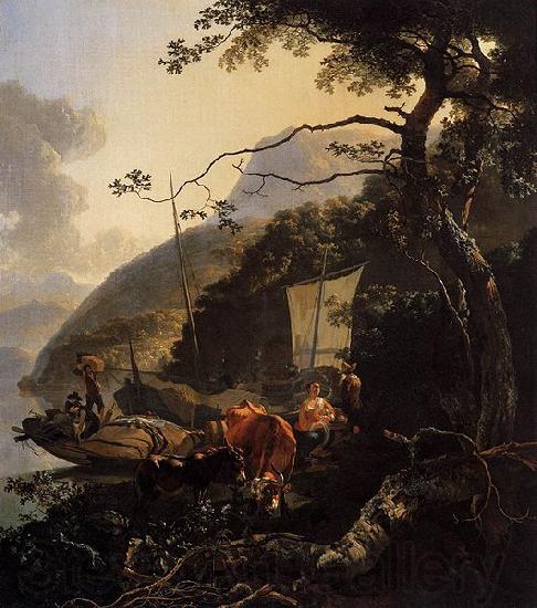 Adam Pijnacker Boatmen Moored on the Shore of an Italian Lake Spain oil painting art
